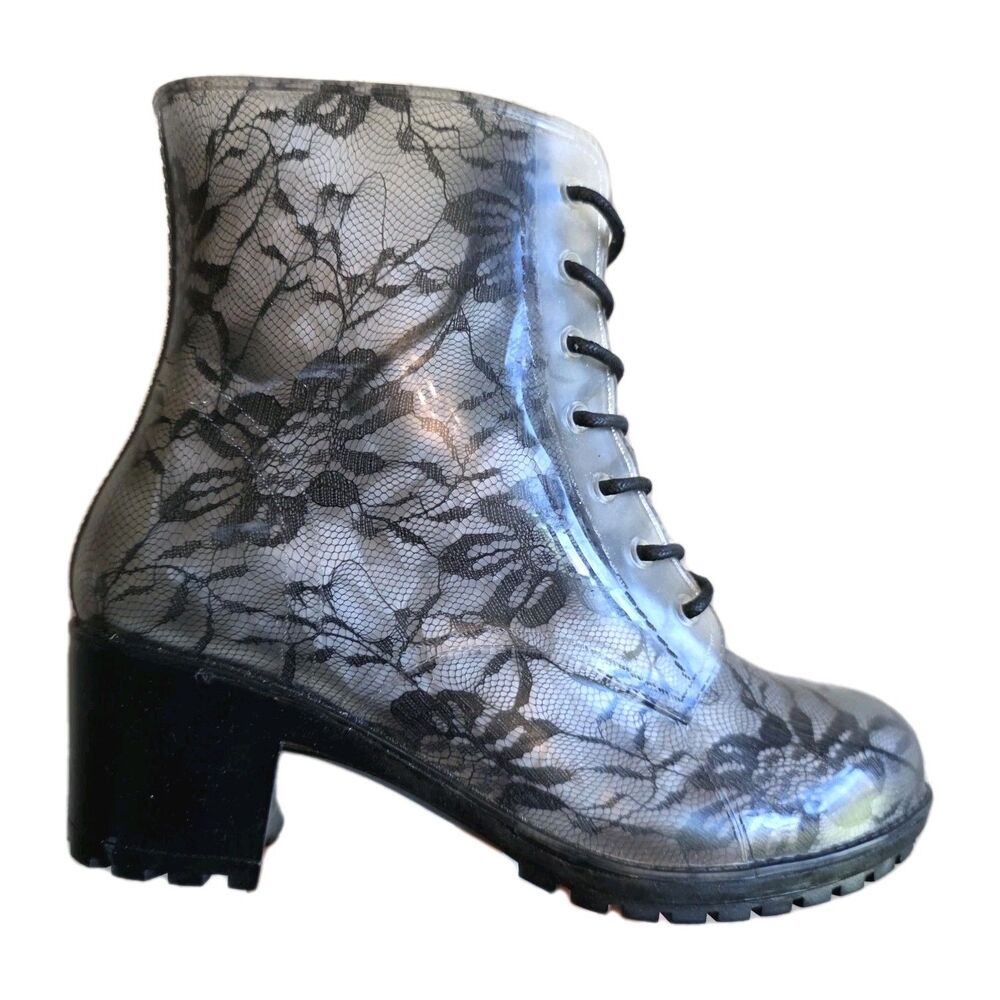 Jelly Jolly Heeled Rubber Rain Boots Floral Lace BLACK Lace Up Size 41 (US 10)